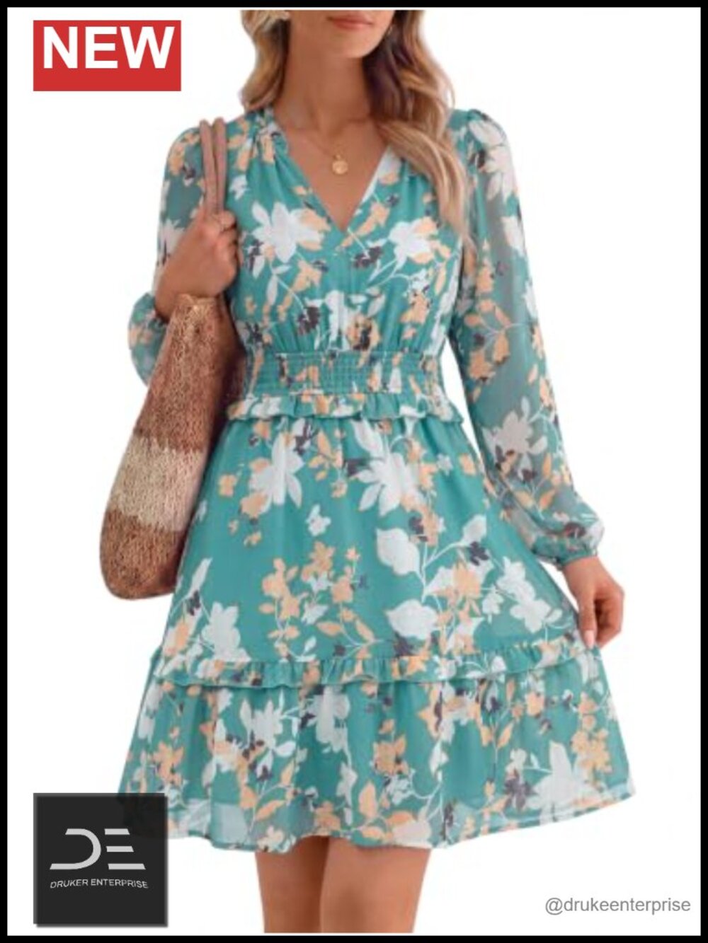 Womens Floral Chiffon Long Sleeve Mini Dress Smocked Waist A-Line
